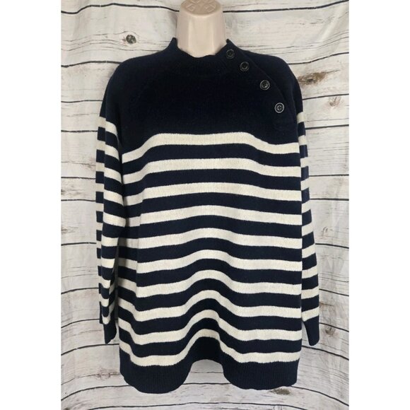 LL Bean Signature Navy Blue Striped Sweater XL Wool Blend Womens Button Neck - Picture 1 of 7